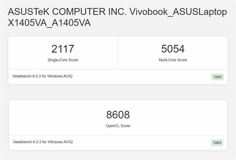 Điểm GeekBench 6 của ASUS Vivobook 14 A1405VA 