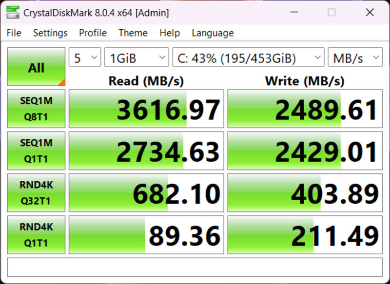 Tốc độ đọc/ghi của ổ cứng SSD trên MSI Cyborg 15 A12VE được đo bởi Crystal Diskmark Tốc độ đọc/ghi của ổ cứng SSD trên MSI Cyborg 15 A12VE được đo bởi Crystal Diskmark