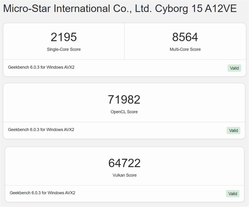Điểm hiệu năng của MSI Cyborg 15 A12VE được đo bởi GeekBench 6 Điểm hiệu năng của MSI Cyborg 15 A12VE được đo bởi GeekBench 6