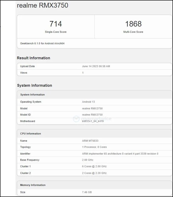 realme Narzo 60 5G lộ điểm hiệu năng trên Geekbench với chip Dimensity mới