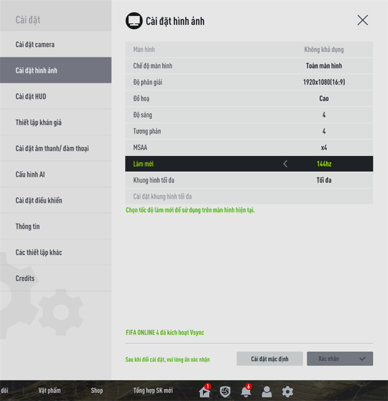 Thiết lập đồ họa trong FIFA Online 4 mà mình chỉnh được với GIGABYTE G5 GE