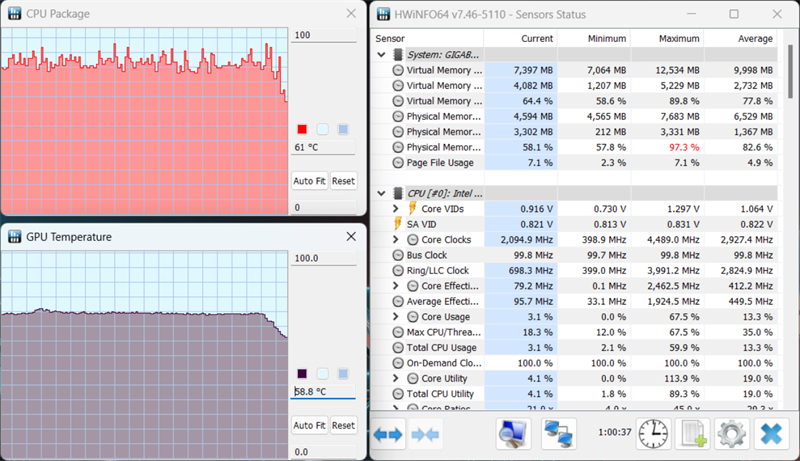 Như các bạn có thể thấy kết quả trong HWinFO64, nhiệt độ CPU lẫn GPU của GIGABYTE G5 GE đều không vượt quá 70 độ C.