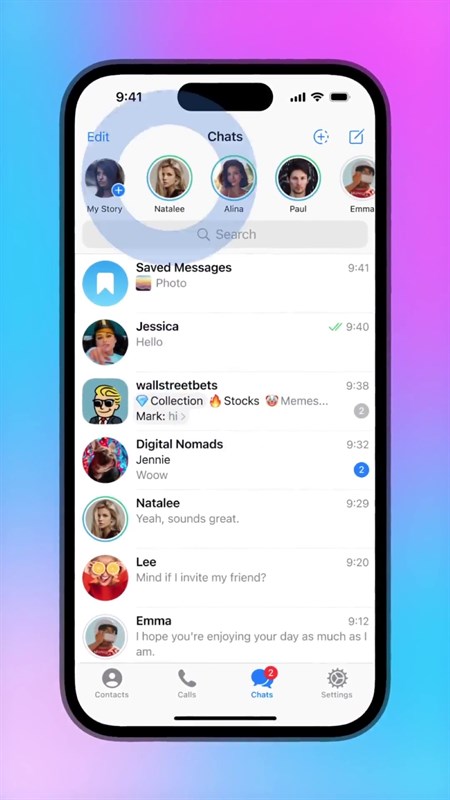 Stories sẽ được đặt trong một phần mở rộng ở đầu danh sách chat Stories sẽ được đặt trong một phần mở rộng ở đầu danh sách chat
