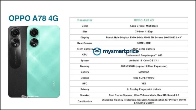OPPO A78 4G sẽ có hai tùy chọn màu sắc là: Misty Black và Aqua Green OPPO A78 4G sẽ có hai tùy chọn màu sắc là: Misty Black và Aqua Green