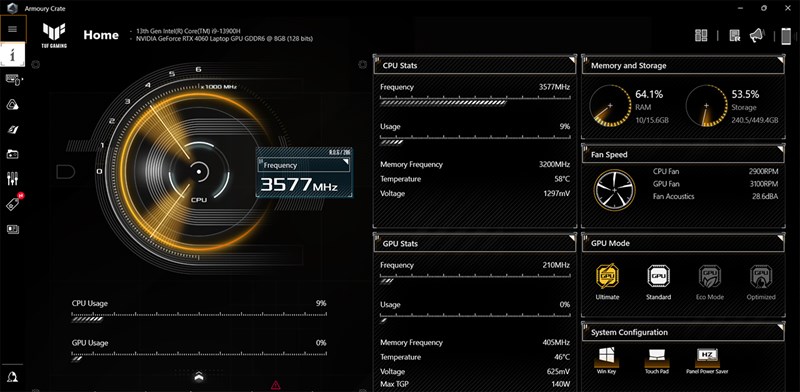 Để chấm điểm hiệu năng ASUS TUF F15 FX507VV4 tốt nhất thì mình đã đặt GPU Mode cao nhất qua ứng dụng AMOURY CRATE Để chấm điểm hiệu năng ASUS TUF F15 FX507VV4 tốt nhất thì mình đã đặt GPU Mode cao nhất qua ứng dụng AMOURY CRATE