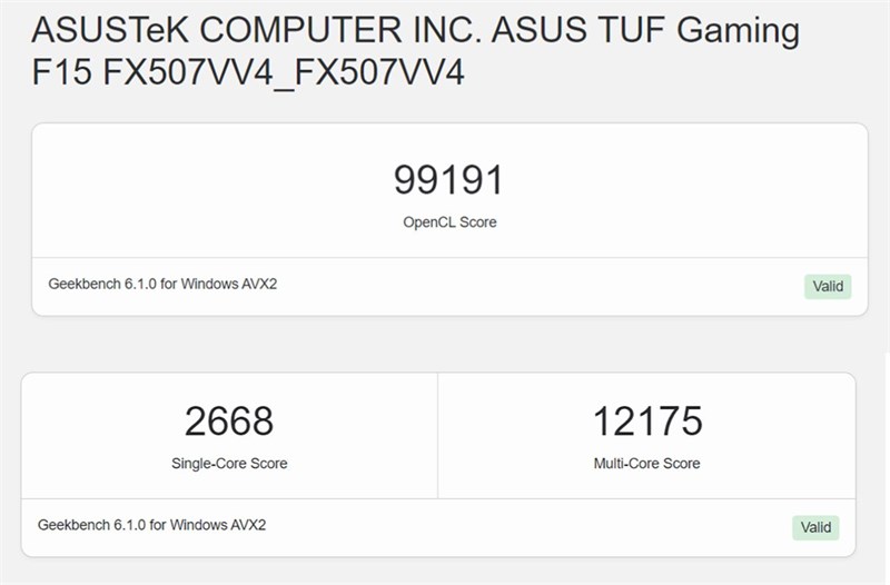 Điểm Geekbench 6 của ASUS TUF F15 FX507VV4 Điểm Geekbench 6 của ASUS TUF F15 FX507VV4