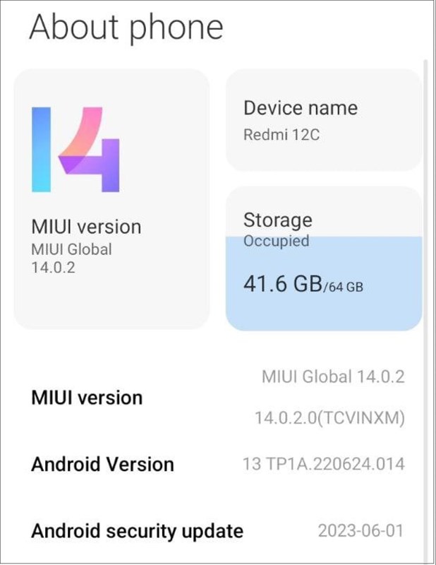 Bản cập nhật MIUI 14 cho Redmi 12C kèm theo bản vá bảo mật tháng 6/2023