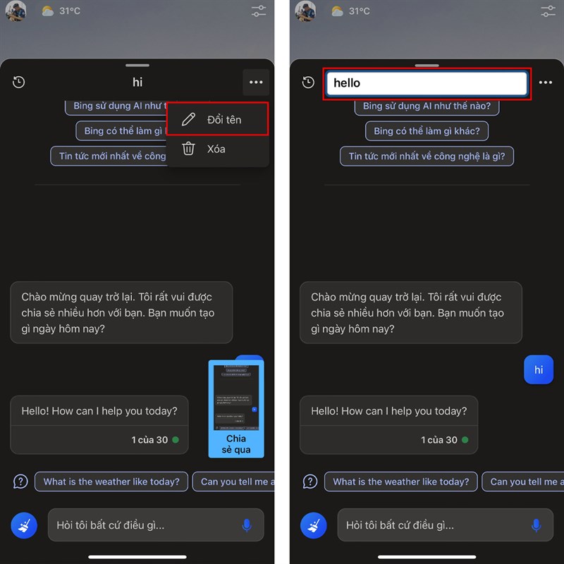 Cách đổi tên cuộc trò chuyện Bing trên Edge iOS