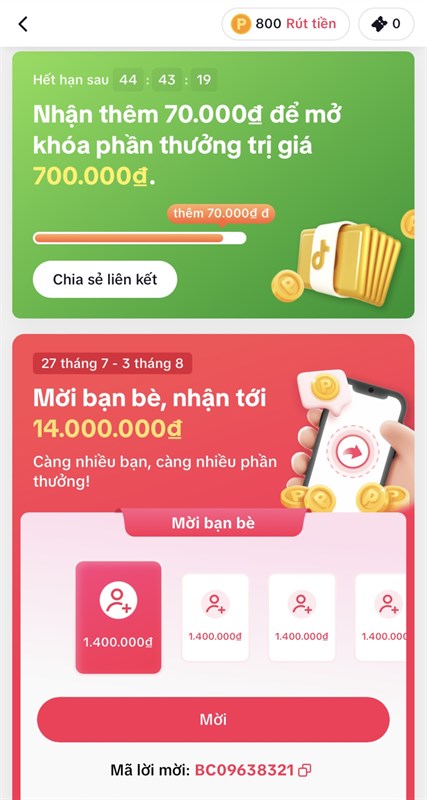 Tài khoản được mời đăng ký thành công, sử dụng và làm nhiệm vụ thì cả hai sẽ nhận được lợi ích Tài khoản được mời đăng ký thành công, sử dụng và làm nhiệm vụ thì cả hai sẽ nhận được lợi ích