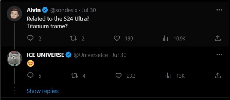 Phần bình luận của Ice Universe đã tiết lộ Galaxy S24 Ultra sẽ sử dụng thiết kế khung Titan cao cấp