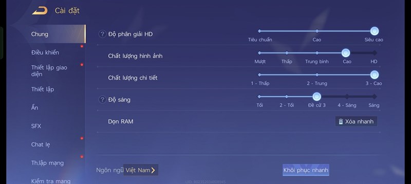 Thiết lập đồ họa Liên Quân Mobile mà mình đã đặt cho bài kiểm tra pin của realme 11 Pro 5G