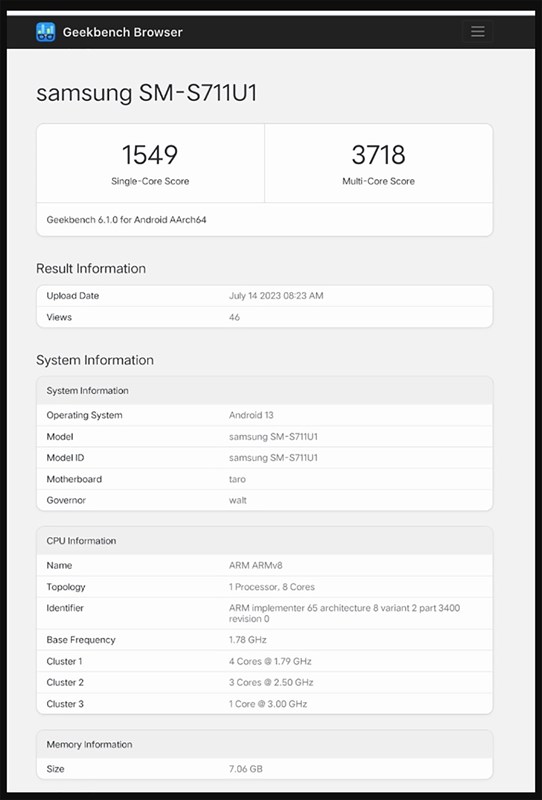 Cấu hình Galaxy S23 FE cũng đã bị rò rỉ thông qua Geekbench