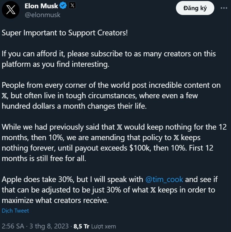 Bài đăng thông báo của Elon Musk