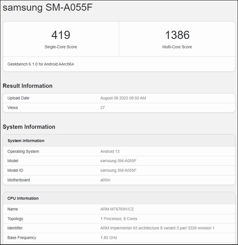 Điểm số Geekbench của một thiết bị được cho là Galaxy A05