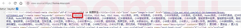 MIUI 15 xuất hiện trong một chuỗi văn bản trong mã HTML của MIUI.com