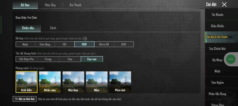Thiết lập đồ họa PUBG Mobile mà mình đặt được trên realme 11 Pro+