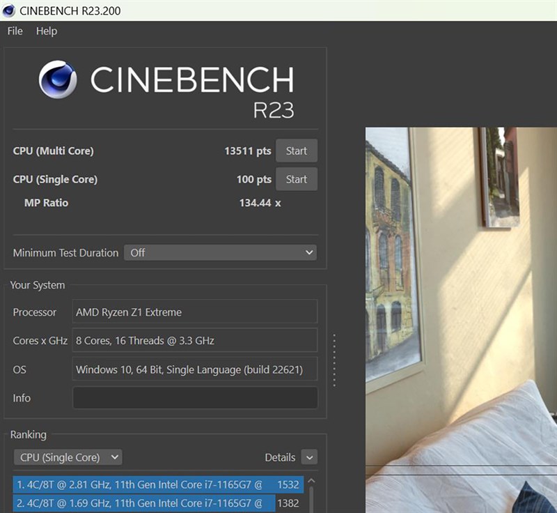 Điểm Cinebench R23 của ASUS ROG Ally khi không cấp nguồn