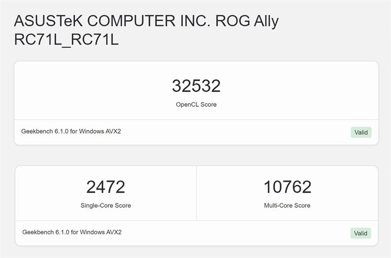 Điểm GeekBench 6 của ASUS ROG Ally khi cấp nguồn