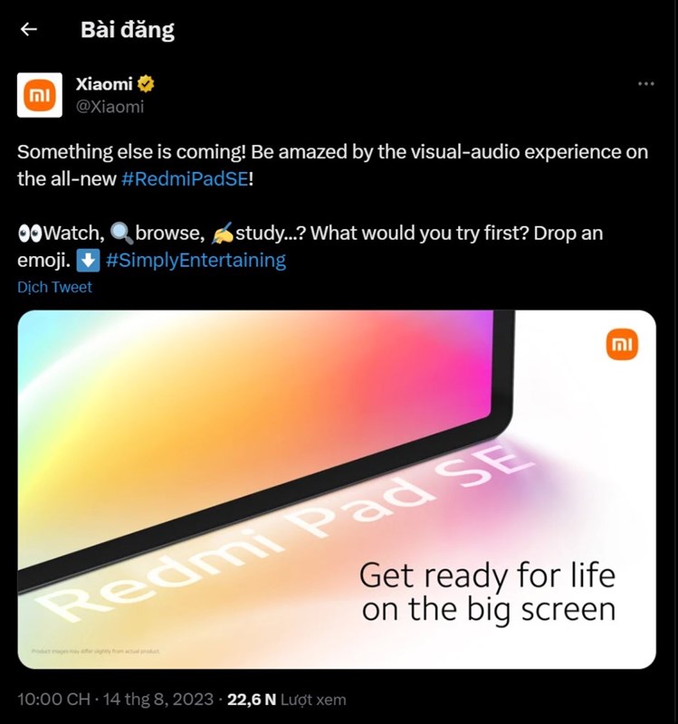Bài đăng về Redmi Pad SE trên mạng xã hội X