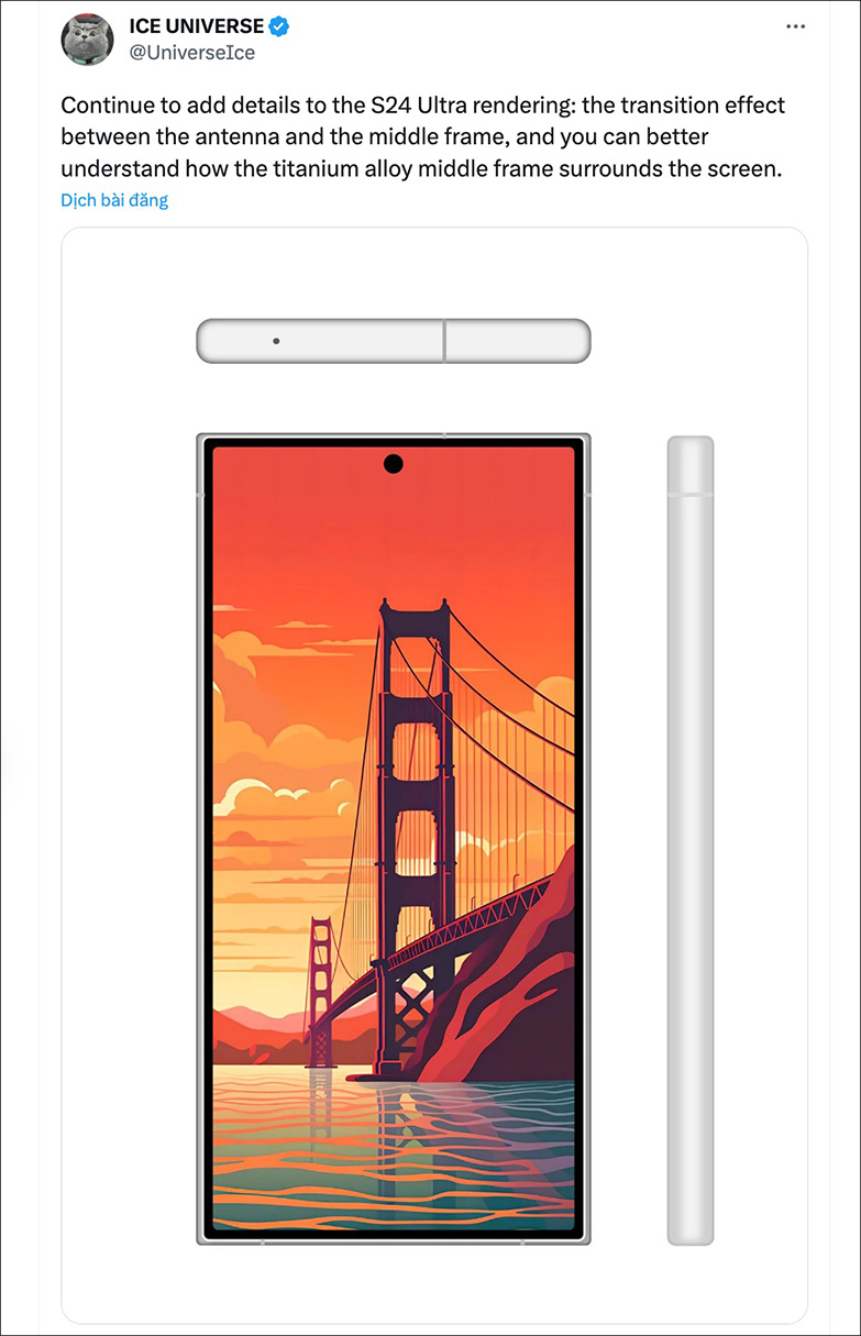 Bài đăng của Ice Universe về rò rỉ ảnh render của Galaxy S24 Ultra Bài đăng của Ice Universe về rò rỉ ảnh render của Galaxy S24 Ultra