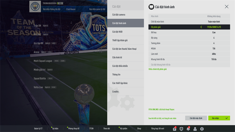 Thiết lập đồ họa trong FIFA Online 4 mà mình chỉnh để test hiệu năng ASUS Vivobook 14X OLED KM006W. Thiết lập đồ họa trong FIFA Online 4 mà mình chỉnh để test hiệu năng ASUS Vivobook 14X OLED KM006W.