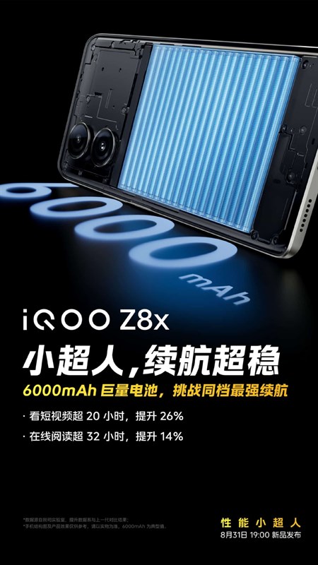 iQOO Z8x sở hữu viên pin 6.000 mAh, cho phép xem video liên tục trong hơn 20 giờ chỉ sau một lần sạc đầy