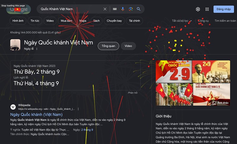 Khi bạn nhấp vào biểu tượng Doodle, Google sẽ hiển thị thông tin về Ngày Quốc Khánh cùng loạt ảnh động về pháo bông Khi bạn nhấp vào biểu tượng Doodle, Google sẽ hiển thị thông tin về Ngày Quốc Khánh cùng loạt ảnh động về pháo bông