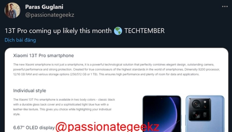 Tweet của leaker Paras Guglani Tweet của leaker Paras Guglani