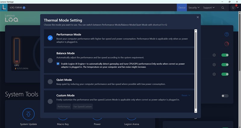 Để kiểm tra hiệu năng của Lenovo LOQ 15IRH8 thì mình đã đẩy toàn bộ tiết lập lên cao nhất qua ứng dụng Lenovo Vantage