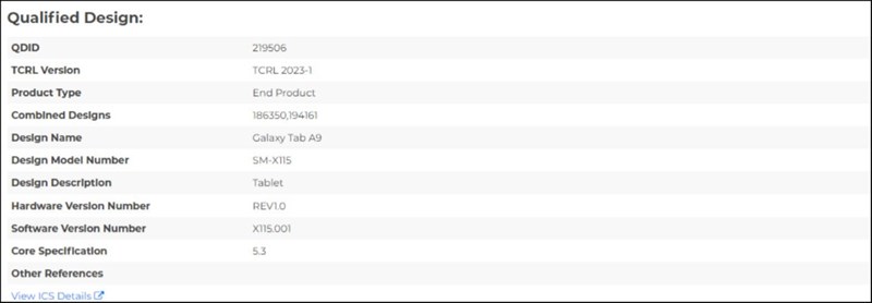 Galaxy Tab A9 vừa được phát hiện trên trang chứng nhận Bluetooth