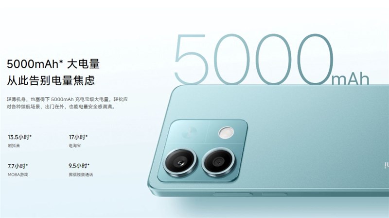Redmi Note 13 sở hữu dung lượng pin 5.000 mAh cùng sạc nhanh 33 W. Redmi Note 13 sở hữu dung lượng pin 5.000 mAh cùng sạc nhanh 33 W.