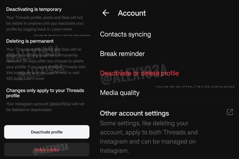 Threads sẽ cho bạn lựa chọn để xóa một tài khoản hoặc vô hiệu hóa tạm thời