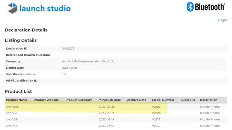 Thông tin về Vivo Y27s trên Bluetooth SIG