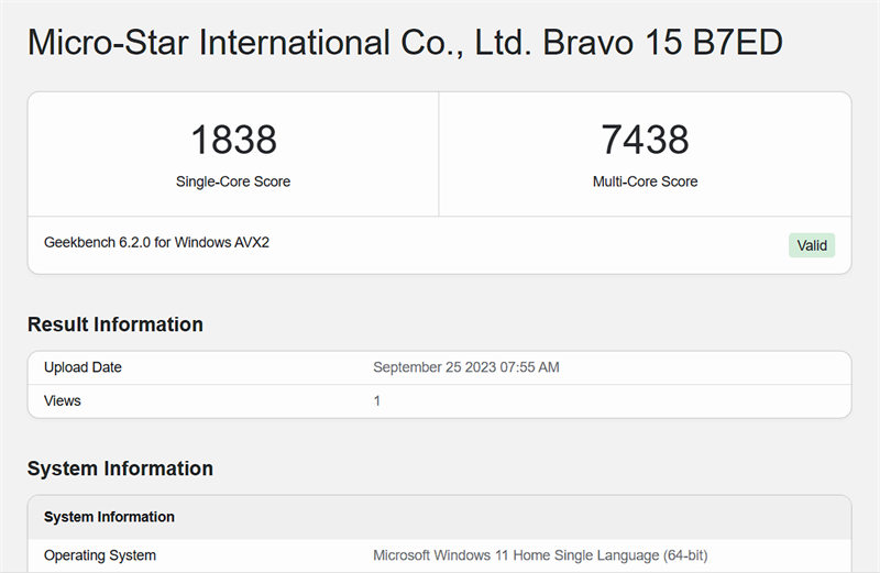 Điểm hiệu năng đơn nhân, đa nhân của MSI Bravo 15 B7ED được chấm bởi Geekbench 6 Điểm hiệu năng đơn nhân, đa nhân của MSI Bravo 15 B7ED được chấm bởi Geekbench 6