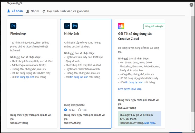Phí dịch vụ của Photoshop phiên bản web