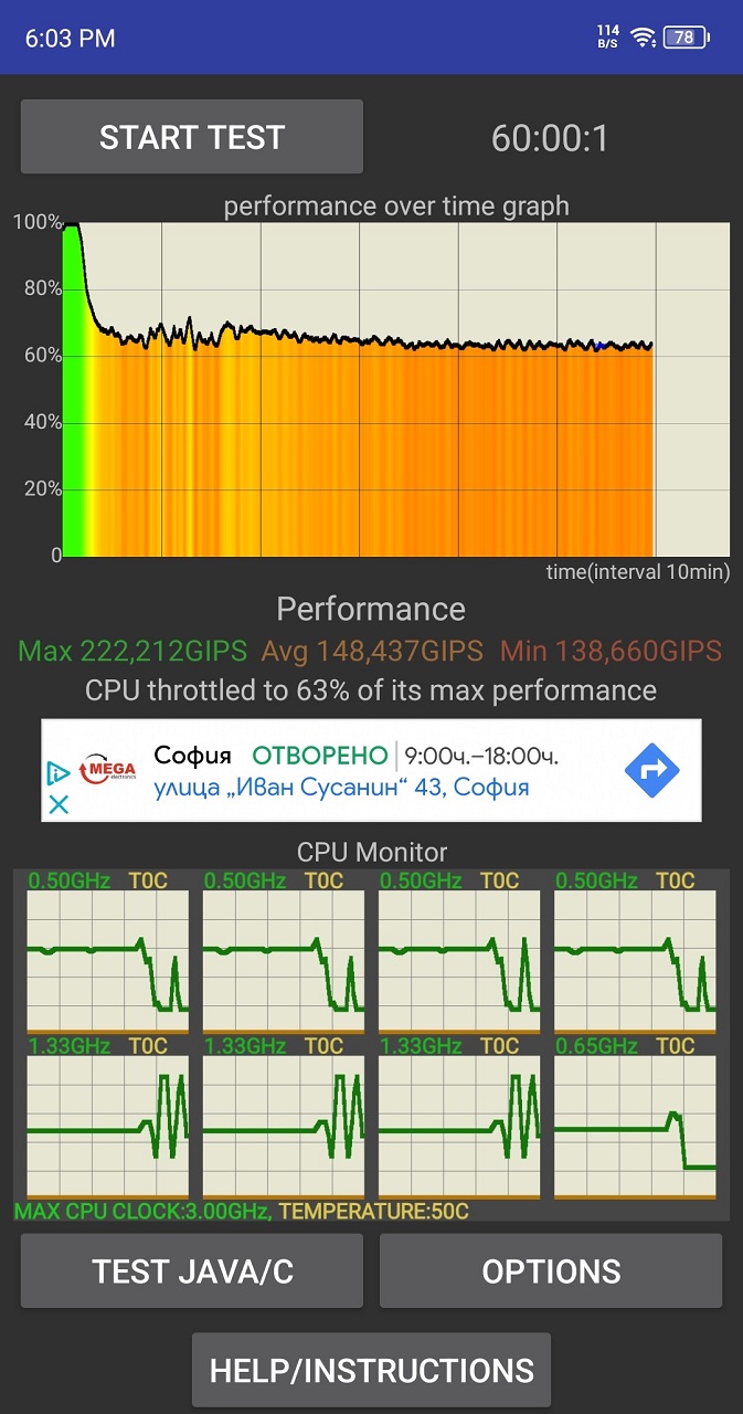 Độ ổn định hiệu năng CPU của Tecno Phantom V Flip được chấm bởi CPU Throttling