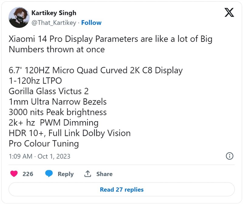 Tweet rò rỉ cấu hình Xiaomi 14 Pro của leaker Kartikey Singh