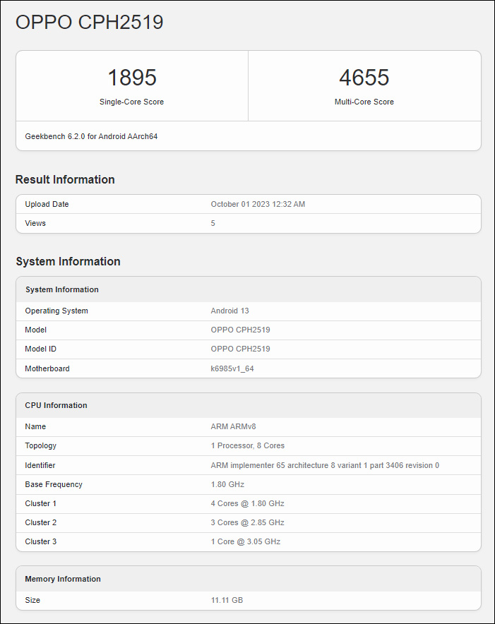 Thông tin rò rỉ trên Geekbench của OPPO Find N3 Flip