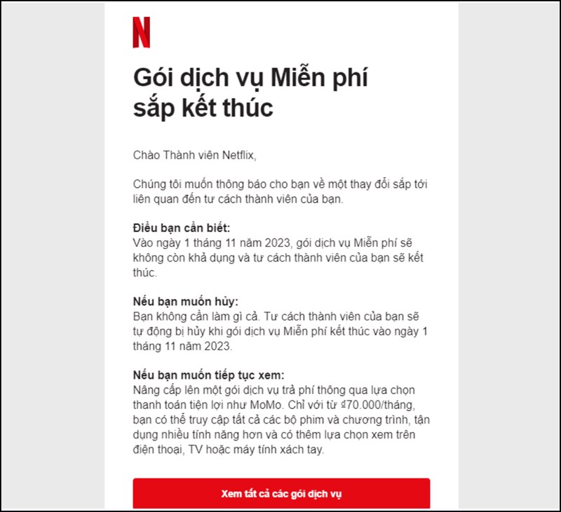 Nội dùng thông báo của Netflix 