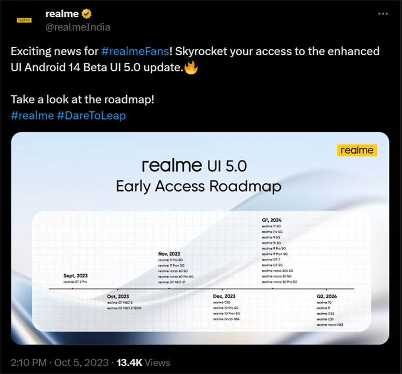 Bài đăng của realme trên X công bố lộ trình cập nhật realme UI 5.0