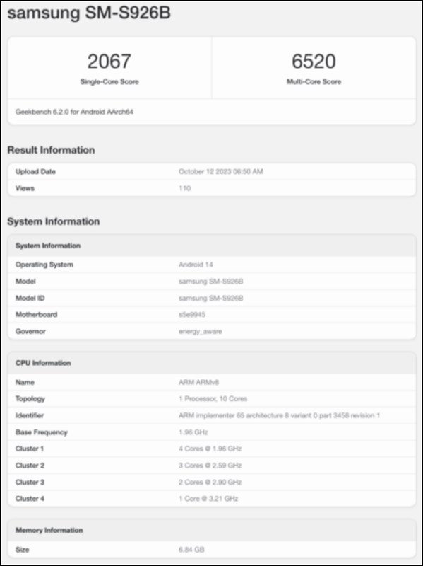 Thông tin của Samsung Galaxy S24+ trên Geekbench Thông tin của Samsung Galaxy S24+ trên Geekbench