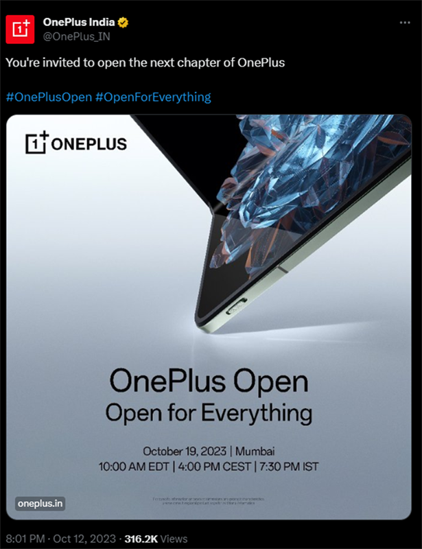 Tấm poster được đăng trên X của OnePlus India công bố ngày ra mắt của OnePlus Open Tấm poster được đăng trên X của OnePlus India công bố ngày ra mắt của OnePlus Open