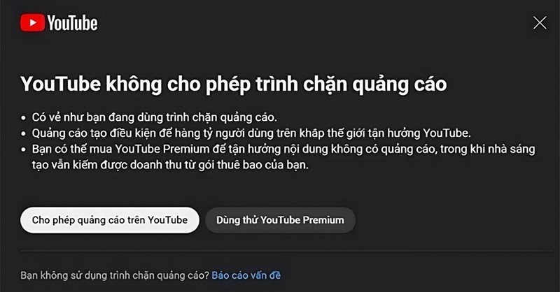 Pop-up yêu cầu tắt trình chặn quảng cáo từ YouTube