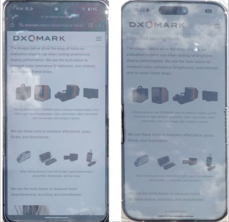 Kiểm tra khả năng xem dưới trời nắng giữa Pixel 8 Pro (trái) và iPhone 15 Pro Max (phải) Kiểm tra khả năng xem dưới trời nắng giữa Pixel 8 Pro (trái) và iPhone 15 Pro Max (phải)