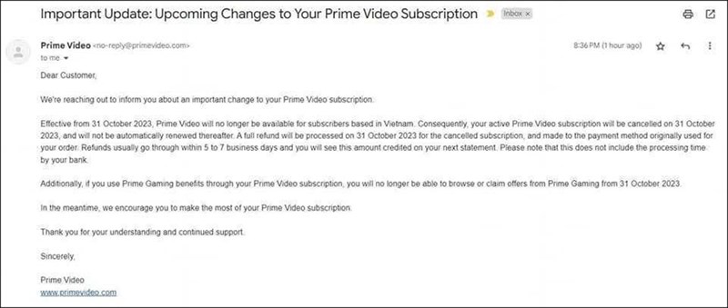 Một số người dùng tại Việt Nam đã nhận được email thông báo về việc huỷ dịch vụ (Ảnh: Điện Ảnh Lồng Tiếng Group - Vietnamese Dubbing Community)