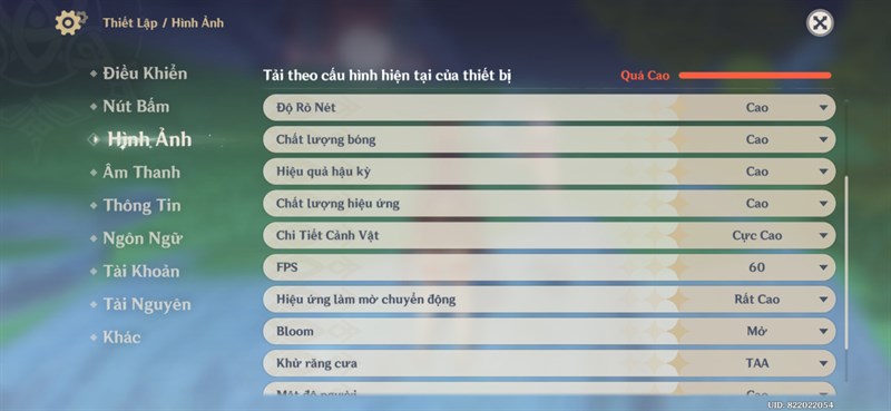 Thiết lập đồ họa trong Genshin Impact mà mình chỉnh được với Galaxy S23+.