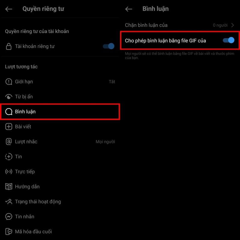 Cách tắt bình luận bằng ảnh GIF trên Instagram