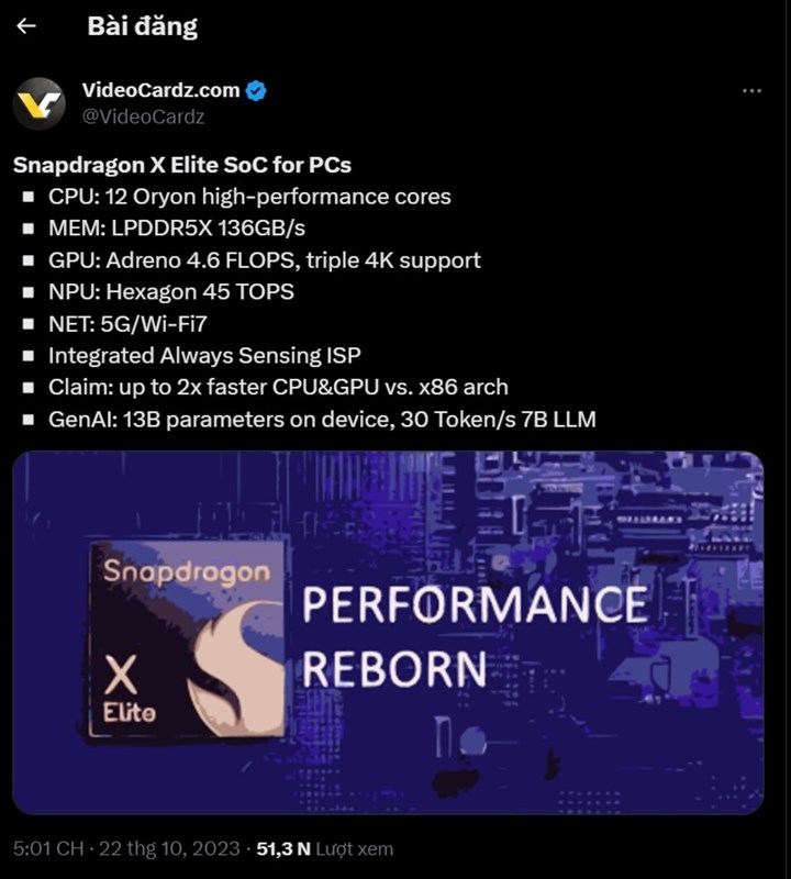 Thông số kỹ thuật bị rò rỉ được cho là của vi xử lý Qualcomm Snapdragon X Elite Thông số kỹ thuật bị rò rỉ được cho là của vi xử lý Qualcomm Snapdragon X Elite