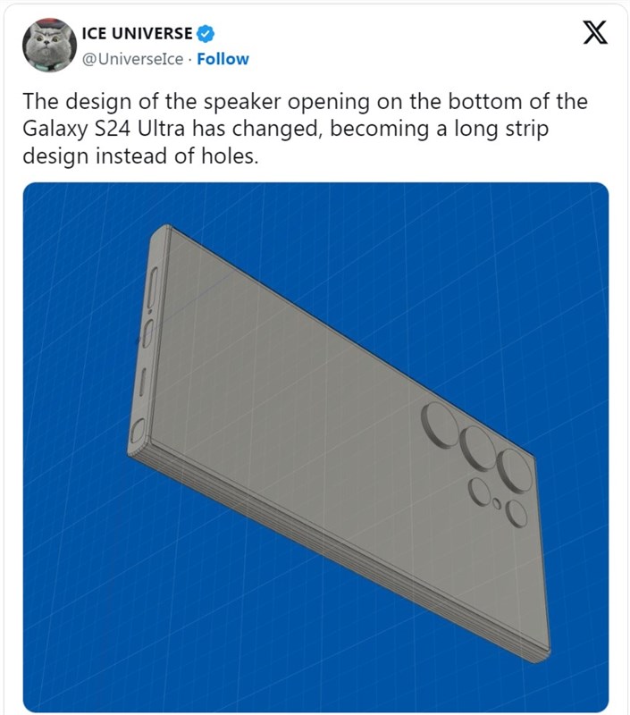 Ảnh render Galaxy S24 Ultra đăng tải bởi Ice Universe
