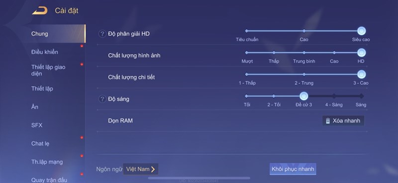 Đánh giá iPhone 14 sau 1 năm: Thiết kế vẫn hợp thời, hiệu năng và thời lượng sử dụng pin được cải thiện Thiết lập đồ họa trong Liên Quân Mobile mà mình dùng để test pin iPhone 14.